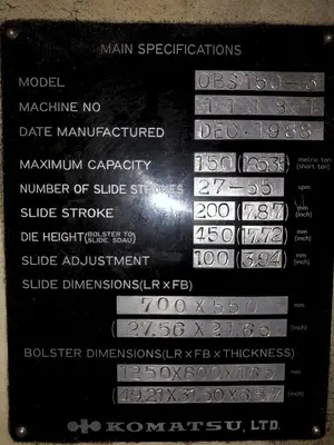 150 TON KOMATSU MODEL OBS-150-3 GAP FRAME PRESS, 7.87" STROKE: STOCK 16340