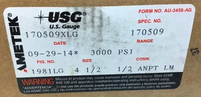 Ametek/U.S. Gauge 170509XLG / 1981LG 4 1/2” 1/2” ANPT Liquid Fill 3000PSI 6D