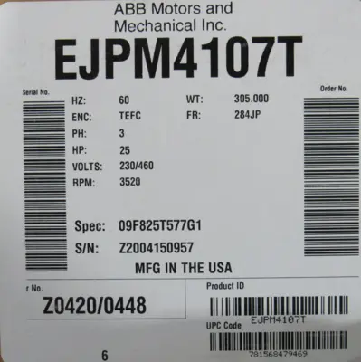 NEW BALDOR EJPM4107T MOTOR 25HP 230/460V 284JP 3520 RPM