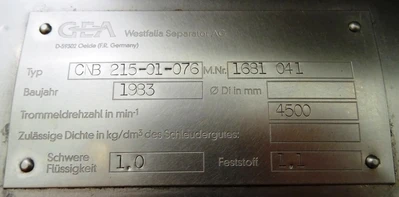Westfalia CNB 215-01-076 bacteria separator, 316SS.