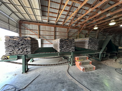 6 strand, 120' green chain with incoming deck and hoist. 24 heavy duty carts