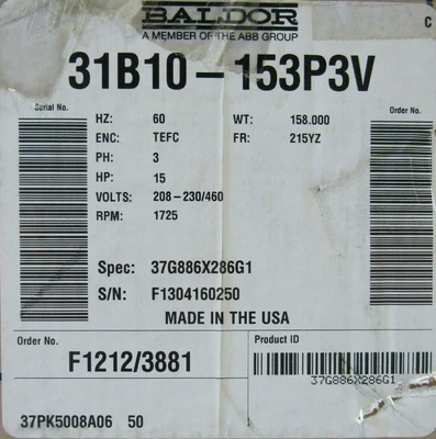 NEW BALDOR 31B10-153P3V MOTOR 37G886X286G1 3P 208-230/460V 1725 RPM