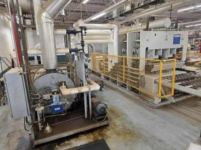 WEMHONER 5’ x 10’ SINGLE-OPENING SHORT-CYCLE FEED-THROUGH HOT PRESS WITH AUTOMATIC MATERIAL MEASURING/PRESSURE SYSTEM