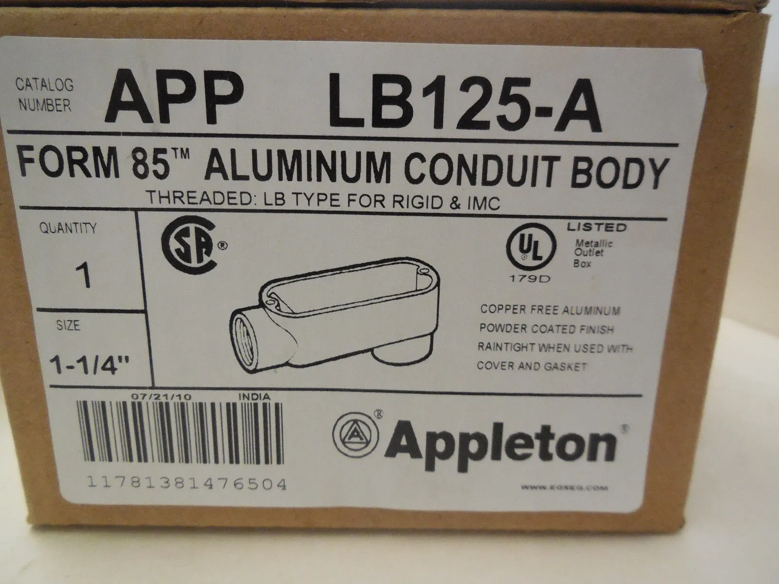 NEW APPLETON APP LB125-A CONDUIT BODY APPLB125A