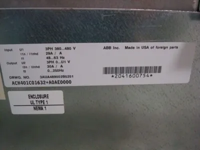 ABB 20 HP ACH401C01632+A0AE0000 AC Drive w/ Bypass and Disconnect VFD Used