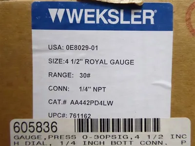 Weksler AA442PD4LW 4-1/2" Rotal Gauge 0E8029-01 1/4" NPT Connection 30# New
