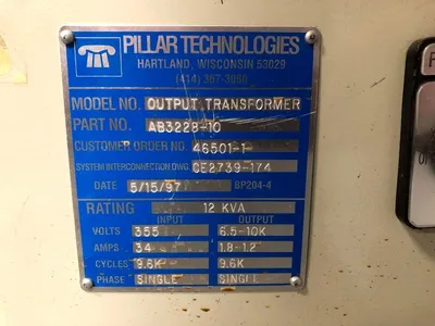 12 KVA Output Transformer Single Phase 355 Volts Step Up 6.5-10KV 9.6 Kilo Hertz