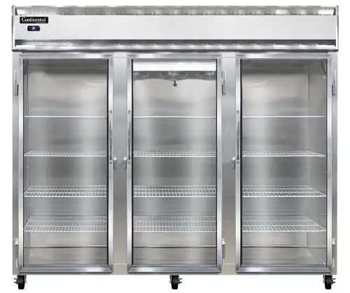Continental 3RENSSGD 85 1/2" Three Section Reach In Refrigerator, (3) Left/right Hinge Glass Doors, Top Compressor, 115v