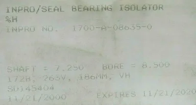 NEW INPRO SEAL 1700-A-08635-0 BEARING ISOLATOR SHAFT 7.250 BORE 8.500