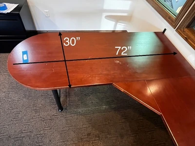 Executive L-Shaped Desk - Cherry Finish, 72in Long with Curved Left End & Keyboard Tray