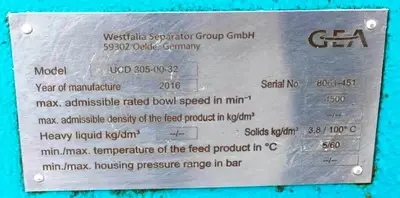 Westfalia UCD 305-00-32 decanter centrifuge, 304SS.