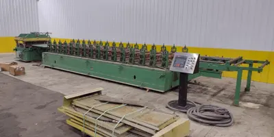 16 STAND X 4" x 36" WIDE R-PANEL ASC ROLLFORMER LINE WITH REEL & CUT OFF, BECK CONTROLS: STOCK #21176