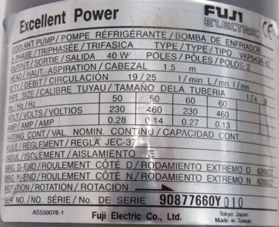 USED FUJI ELECTRIC VKP043A-4Z COOLANT PUMP 230/460V VKP043A4Z