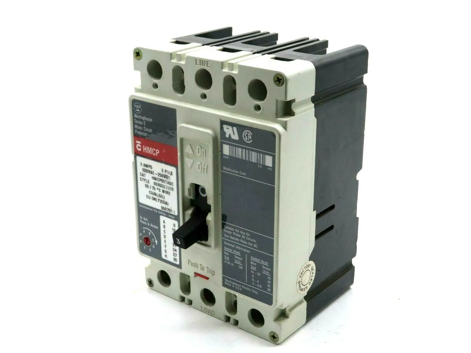 NEW WESTINGHOUSE HMCP003ADC 3AMP 3 POLE 600VAC 250VDC