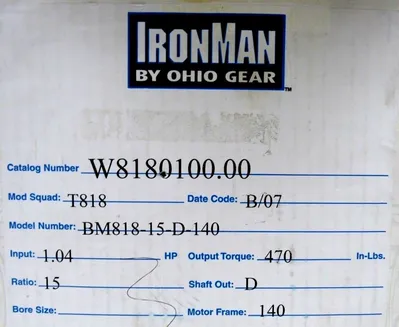 NEW OHIO GEAR W8180100.00 GEAR REDUCER RATIO 15:1 BM818-15-D-140 W818010000
