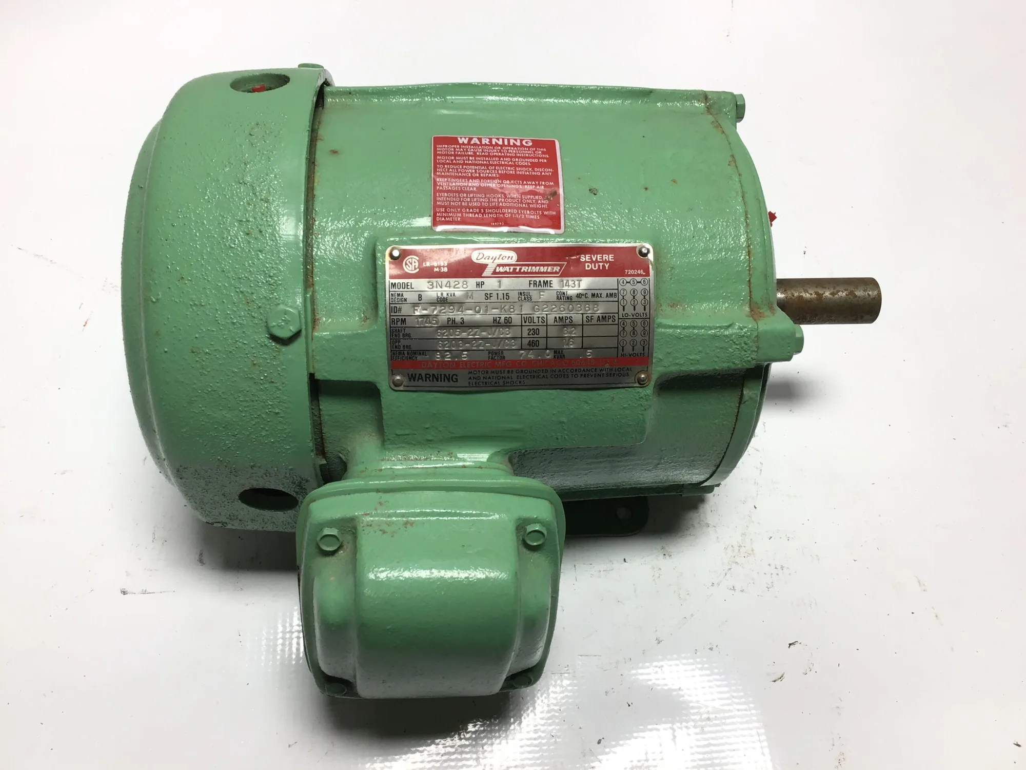 Dayton 3N428 Severe Duty Electric Motor 1HP 3PH