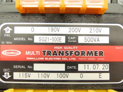 Swallow Step-Down Power Transformer 500VA Pri 190/200/210V Sec 100-110-115V 1Ph