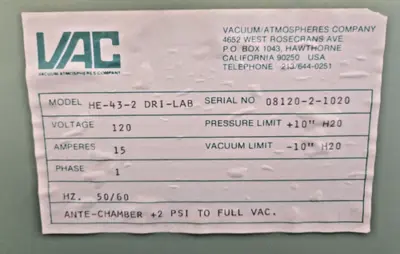 VAC HE-43-2 MO-40-1V ATMOSPHERIC GLOVE BOX WITH CONTROL CABINET