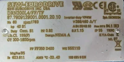 NEW SEW-EURODRIVE DRN200L4/FF/TF MOTOR 40HP 266/460V 1783RPM 2-5/32" DIA.