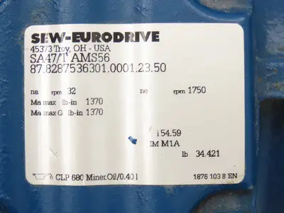 Sew Eurodrive SA47/T AMS56 Helical Inline Gear Drive 54.5:1 Reducer Hollow Shaft