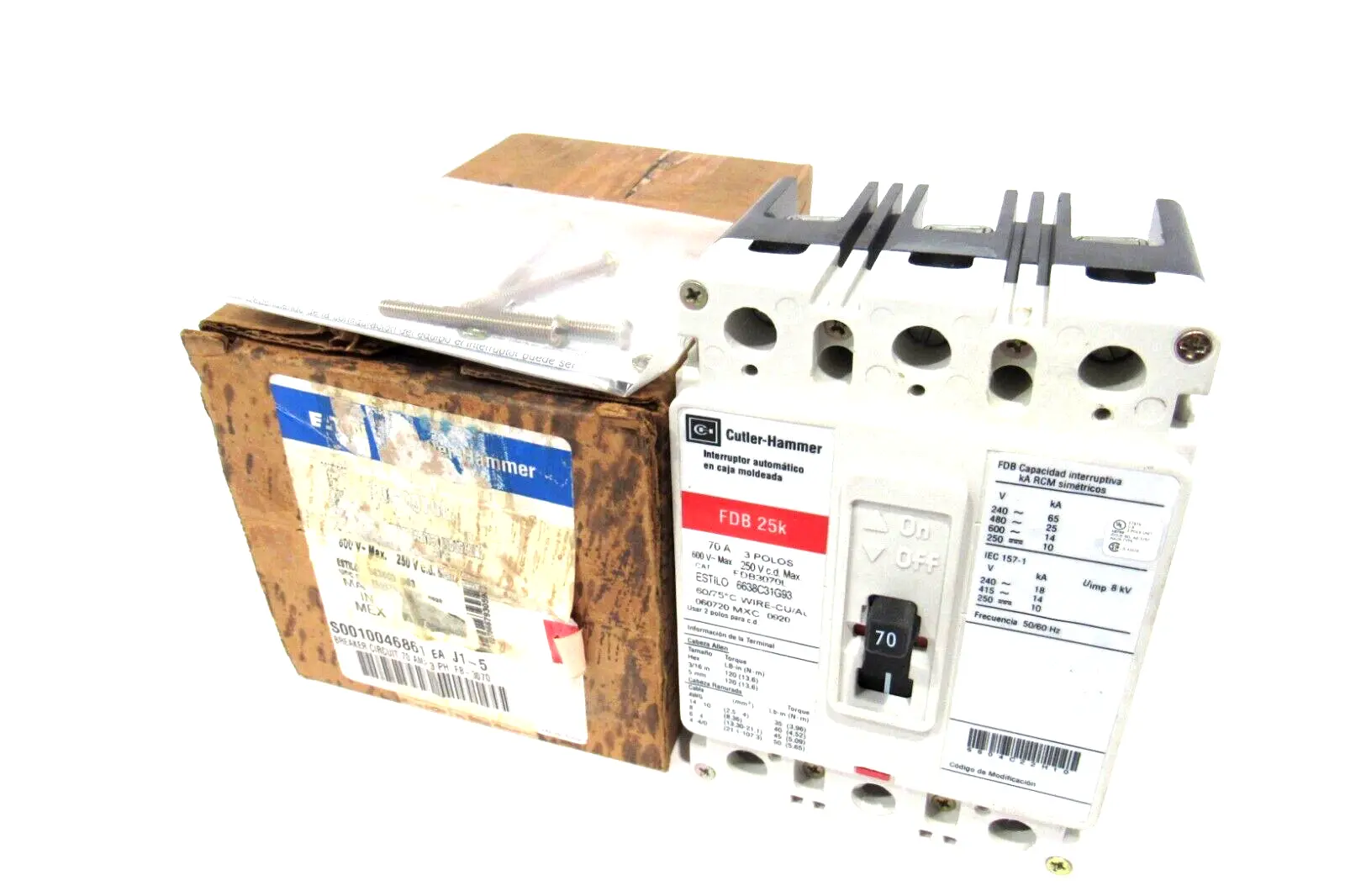 NEW CUTLER HAMMER FDB3070L CIRCUIT BREAKER 3 POLE 70A.