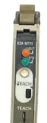 E3X-NT11 | Omron  Photoelectric Sensor w/ AMP 206429-1 Plug and Clamp NO COVER - Used