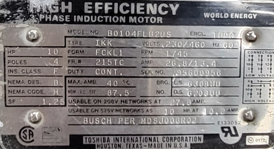 Busch Vacuum Pump Type RCU250.C406.1001, 117 CFM 10HP