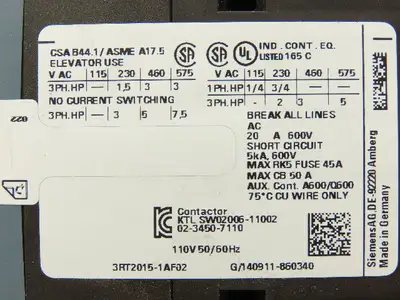 Siemens 3RT2015-1AF02 Contactor 7.5HP 3PH 575VAC 20A 2NC Lot of 6