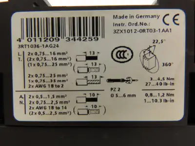 Siemens 3RT1036-1AG24 Motor Starter Contactor w/Varistor 50HP 600V 3PH 120V Coil