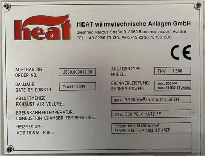 Used 2019 HEAT WÄRMETECHNISCHE ANLAGEN GMBH TNV-7,500 Thermal Oxidizers California US | Machinery & Equipment #1270611