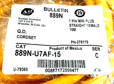 ALLEN BRADLEY 889N-U7AF-15 CORDSET W/ ENABLING SWITCH 440J-N21TNPM 889NU7AF15