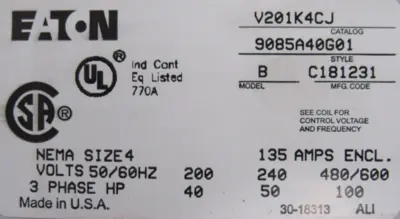 NEW EATON V201K4CJ NON-REVERSING CONTACTOR SIZE 4 MODEL B 3P 9085A40G01