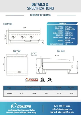 New | in-Stock Dukers New Dukers DCGMA36 36 in. W Flat Top Griddle with 3 Burners Commercial Flat Top Griddles Illinois US | Falcon Restaurant Supply #1376300
