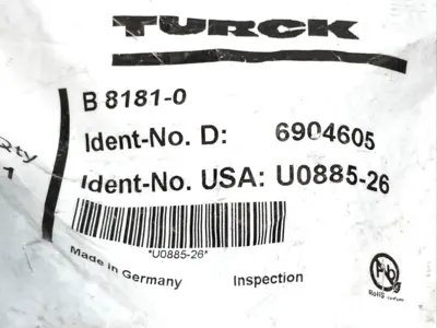 B 8181-0,U0895-26 | Turck B 8181-0 Field Wireable Connector M12 Female 8-Pin, PG9 U0895-26 - New