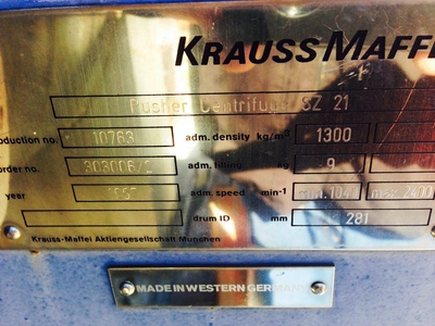 Krauss-Maffei SZ 21 single-stage pusher centrifuge, 316SS.