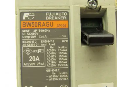 Fuji BW50RAGU3P020 3-Pole Auto Circuit Breaker 20A 500V 3Ph Molded Case Lot of 3