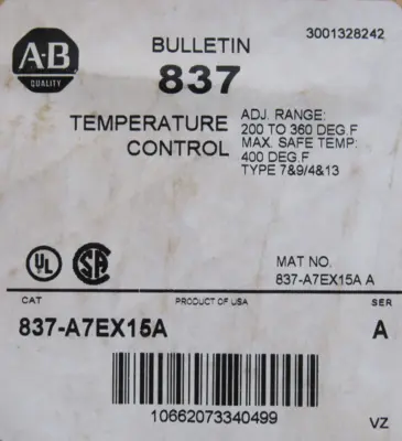 NEW ALLEN BRADLEY 837-A7EX15A TEMPERATURE SWITCH SER.A 200-360F 837A7EX15A
