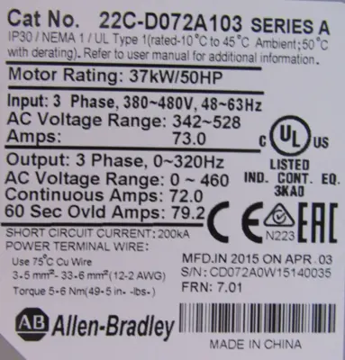 NEW ALLEN BRADLEY 22C-D072A103 POWERFLEX 400 50HP SER.A 22CD072A103