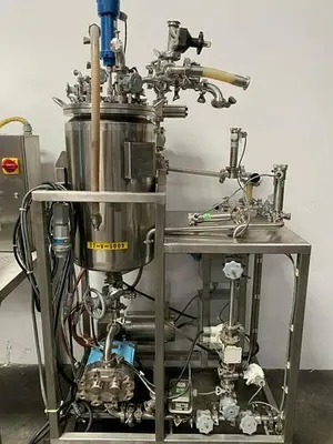 USED MILLIPORE TFF SKID W/ WAUKESHA 030 PUMP & 80L JACKETED VESSEL W/ CONTROLLER