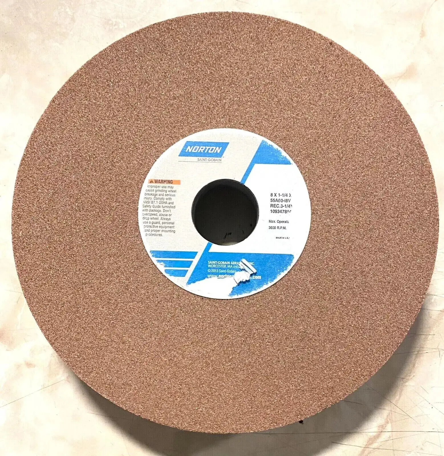 Norton Surface Grinding Wheel 8" x 1-1/4" x 1-1/4" 55A60-I8VH Recess Side A USA