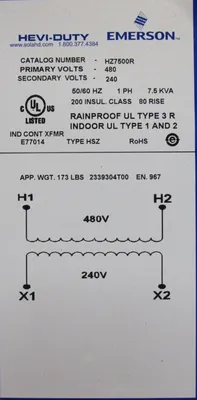 NEW EMERSON HZ7500R TRANSFORMER 7.5KVA LVGP 480V 240V