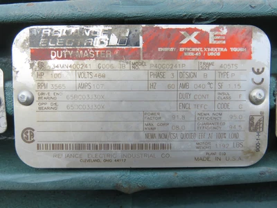 100 hp Reliance Electric AC Motor, 3565 Rpm , 460v