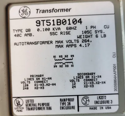 GE 9T51B0104 Buck Boost Transformer 1ph 100va 120/240v-ac 12/24v-ac. Loc4E35