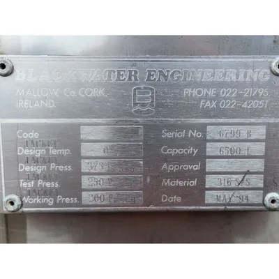 Used 6,500L (1,717 gal) Stainless Insulated Jacketed Liquid Storage Vessel Tank