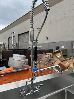 Triple pot sink with drainboard and faucet