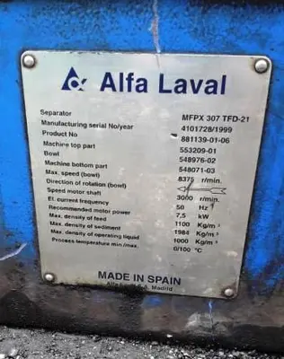 (3) Alfa-Laval MFPX 307 TFD-21 oil purifiers, 316SS.