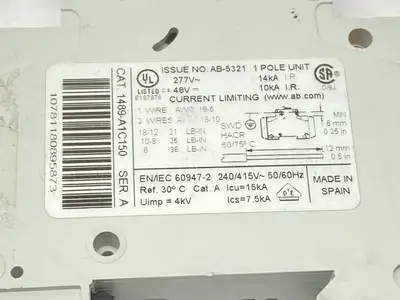 1489-A1C150 | Allen Bradley  Ser A Circuit Breaker 1-Pole 15A 277VAC 48VDC - Used