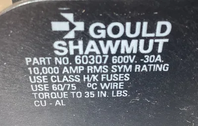Gould 60307 Shawmut 2 Pole Fuse Holder 600V 30A Class H/K Fuses 4D-27