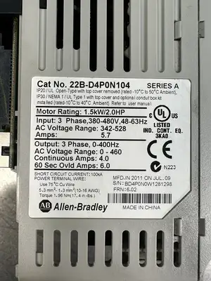 Allen Bradley 22B-D4PON104 PowerFlex40 1.5kW/2.0HP Motor (BIN-1.1.4)