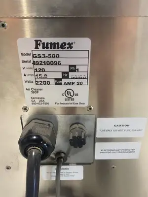 USED FUMEX AIR FILTRATION FUME EXTRACTOR UNIT USED FILTERS, MISSING ONE WHEE